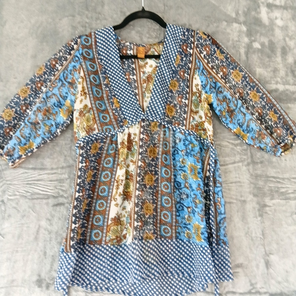 Copper Key Tunic Top Womens Large Blue Boho Floral Paisley Long Sleeve Tie Waist